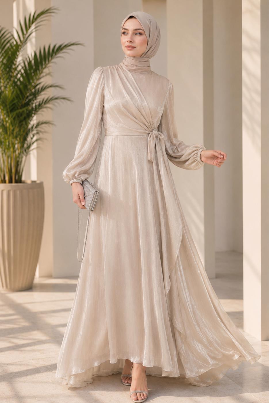 Hijab clothing BEIGE TIED EVENING DRESS T 9126