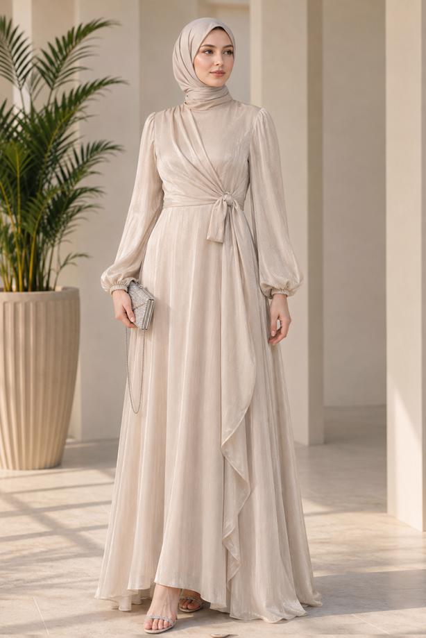 Hijab clothing BEIGE TIED EVENING DRESS T 9126 - TRENDTESETTÜR