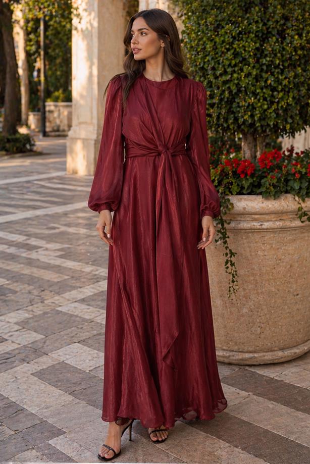 Tesettür giyim BORDO BAĞLAMA DETAYLI ABİYE ELBİSE T 9126 - TRENDTESETTÜR