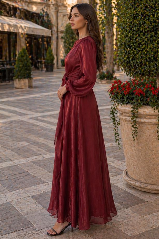 Tesettür giyim BORDO BAĞLAMA DETAYLI ABİYE ELBİSE T 9126 - TRENDTESETTÜR