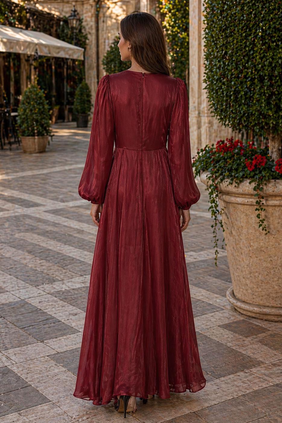 Tesettür giyim BORDO BAĞLAMA DETAYLI ABİYE ELBİSE T 9126