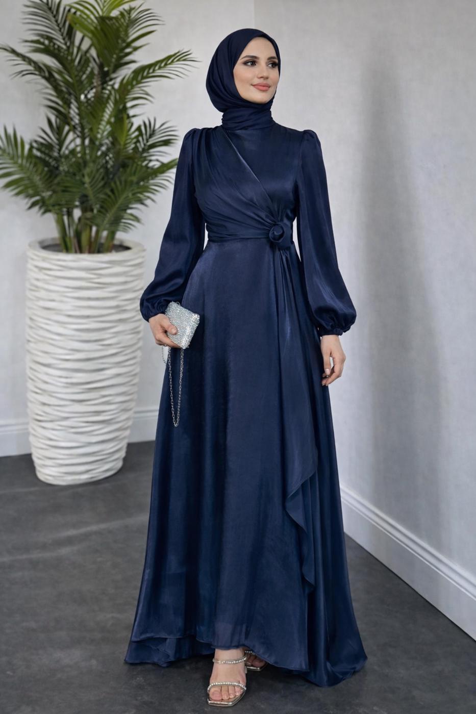 Tesettür giyim LACİVERT BAĞLAMA DETAYLI ABİYE ELBİSE T 9126