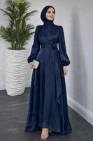 Tesettür giyim LACİVERT BAĞLAMA DETAYLI ABİYE ELBİSE T 9126