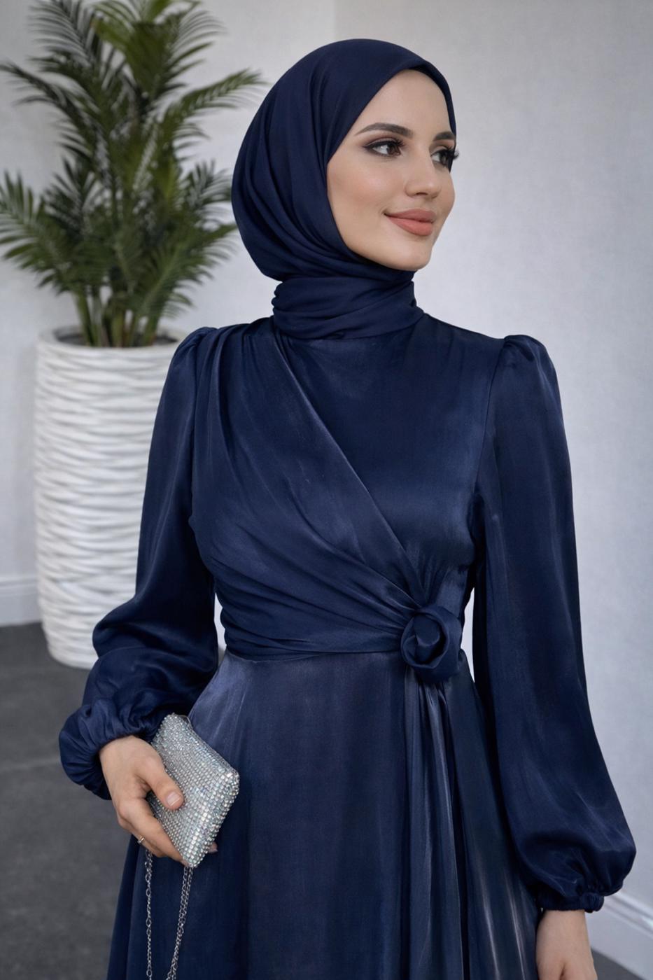 Tesettür giyim LACİVERT BAĞLAMA DETAYLI ABİYE ELBİSE T 9126