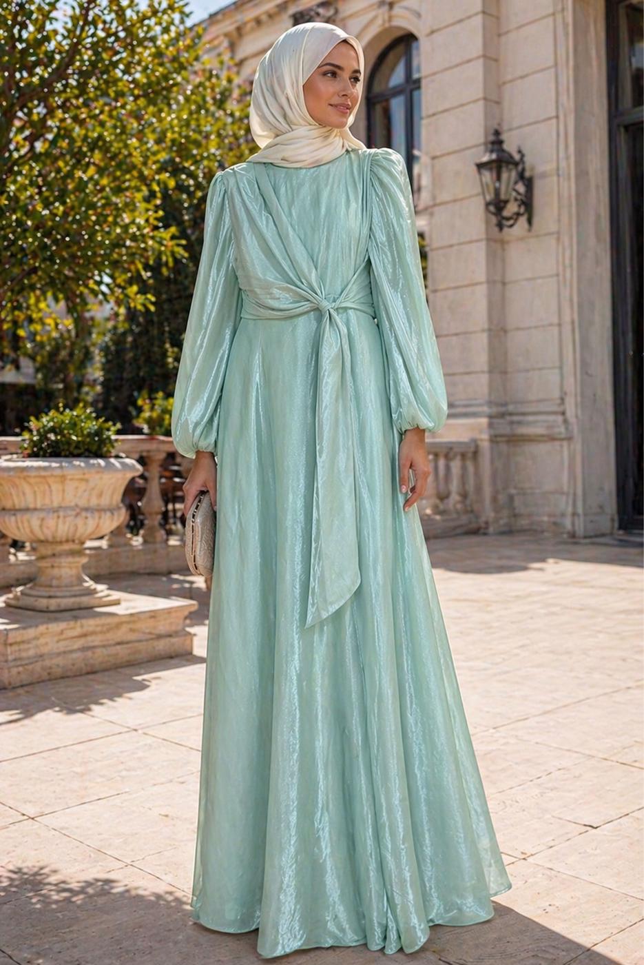 Tesettür giyim YEŞİL BAĞLAMA DETAYLI ABİYE ELBİSE T 9126