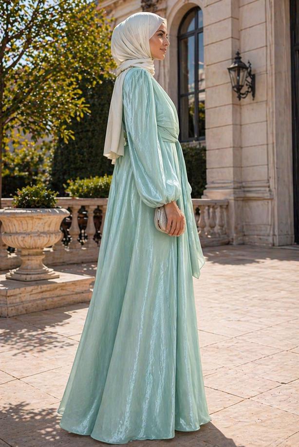 Tesettür giyim YEŞİL BAĞLAMA DETAYLI ABİYE ELBİSE T 9126 - TRENDTESETTÜR