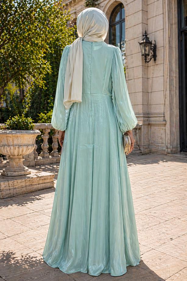 Tesettür giyim YEŞİL BAĞLAMA DETAYLI ABİYE ELBİSE T 9126 - TRENDTESETTÜR