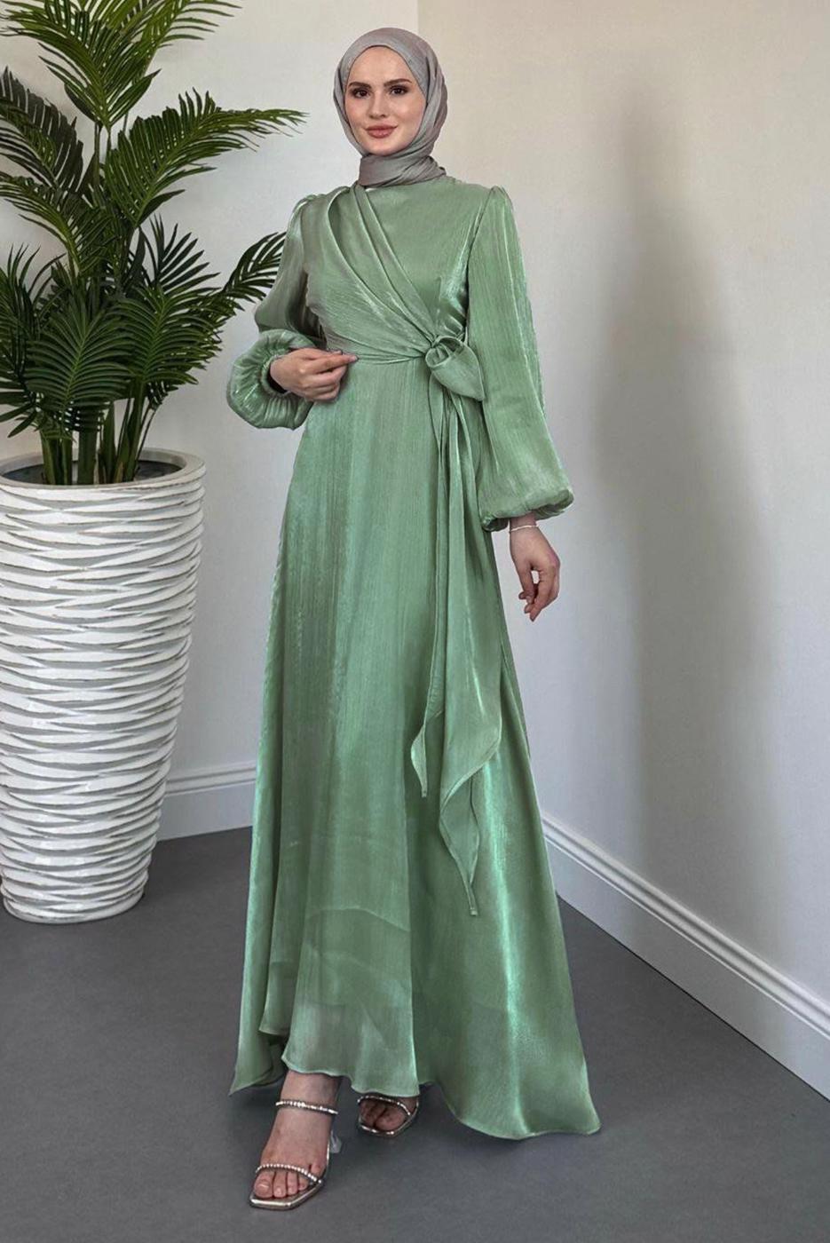 Tesettür giyim YEŞİL BAĞLAMA DETAYLI ABİYE ELBİSE T 9126