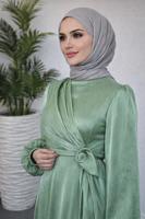 Tesettür giyim YEŞİL BAĞLAMA DETAYLI ABİYE ELBİSE T 9126