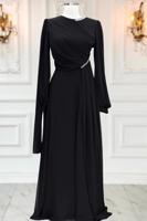 Tesettür giyim SİYAH ŞİFON ABİYE ELBİSE T 9163