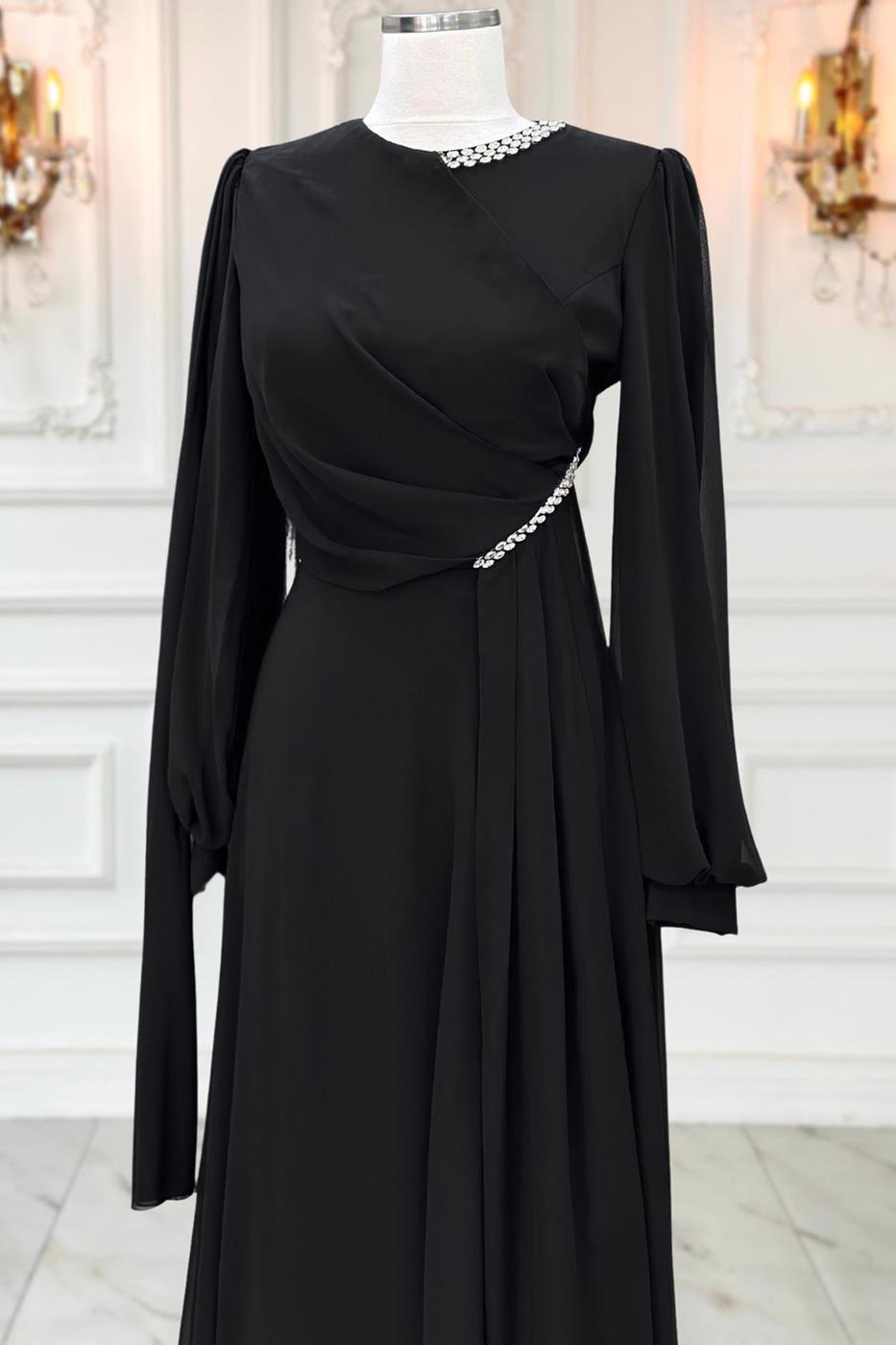 Tesettür giyim SİYAH ŞİFON ABİYE ELBİSE T 9163