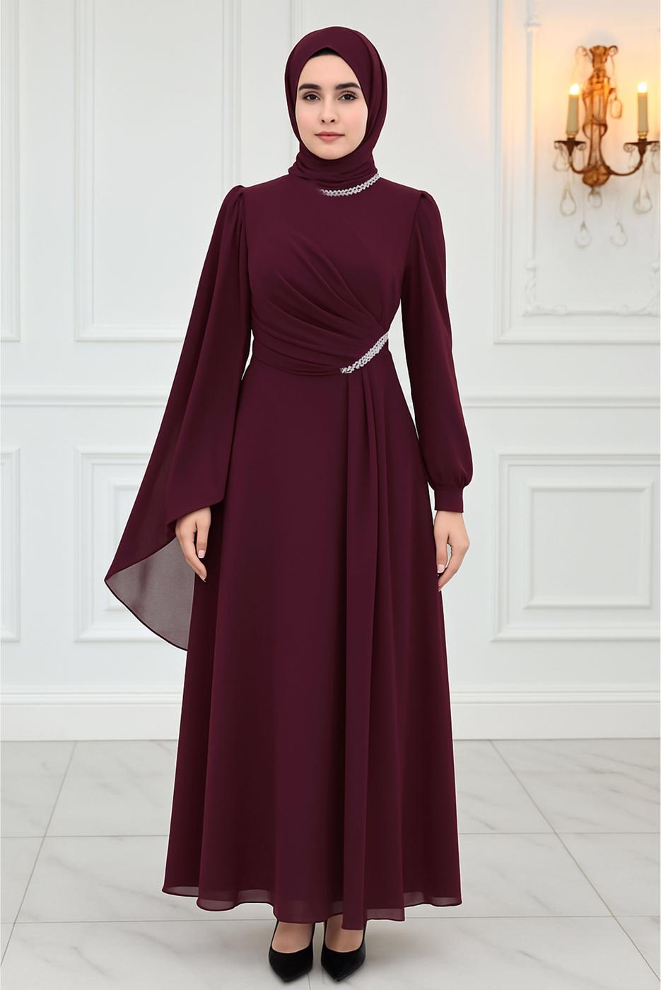 Tesettür giyim BORDO ŞİFON ABİYE ELBİSE T 9163