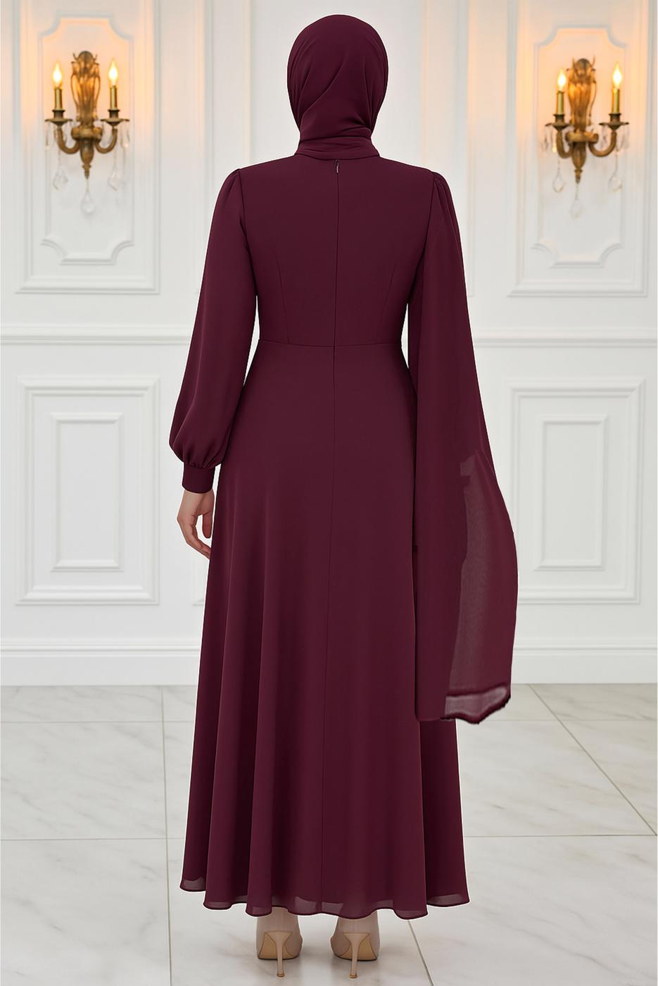 Tesettür giyim BORDO ŞİFON ABİYE ELBİSE T 9163