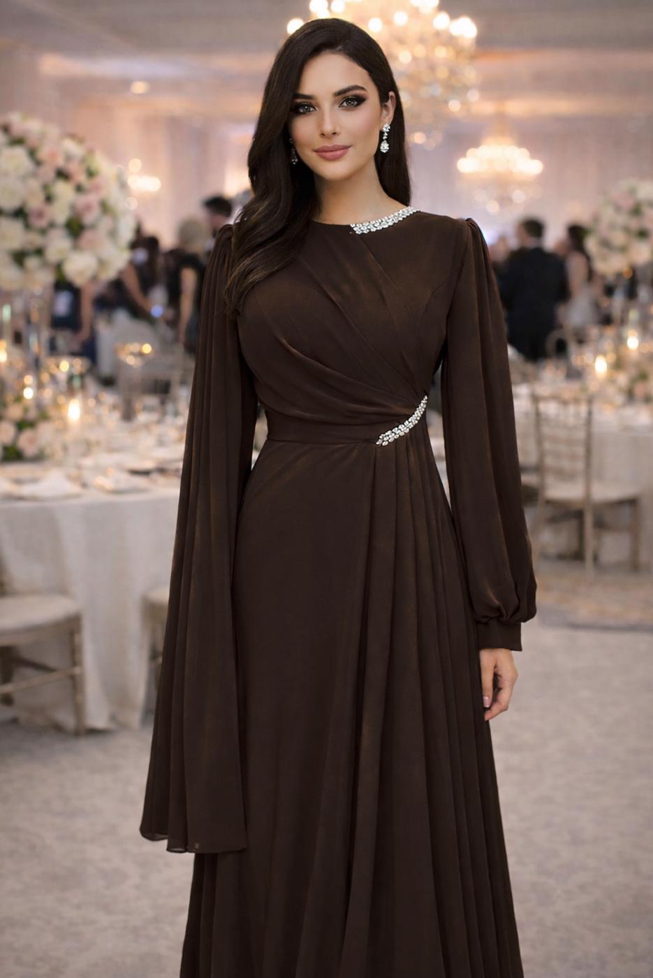 Vêtements hijab BRUN ROBE DE SOIRÉE EN MOUSSELINE T 9163