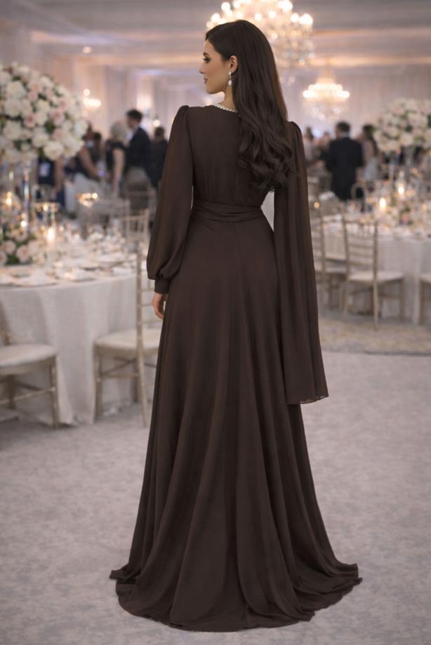 Vêtements hijab BRUN ROBE DE SOIRÉE EN MOUSSELINE T 9163 - TRENDTESETTÜR