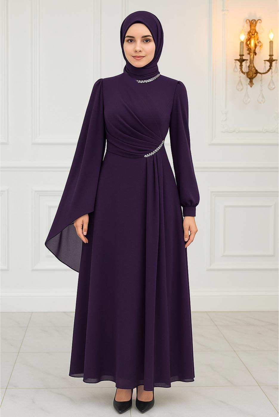 Tesettür giyim MÜRDÜM ŞİFON ABİYE ELBİSE T 9163