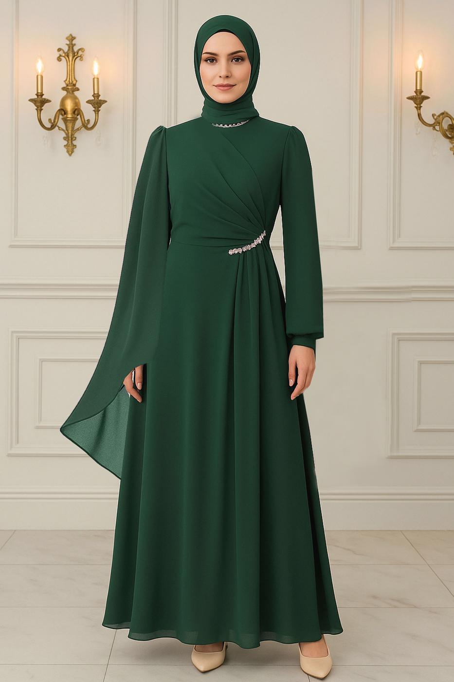 Tesettür giyim YEŞİL ŞİFON ABİYE ELBİSE T 9163