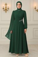 Tesettür giyim YEŞİL ŞİFON ABİYE ELBİSE T 9163