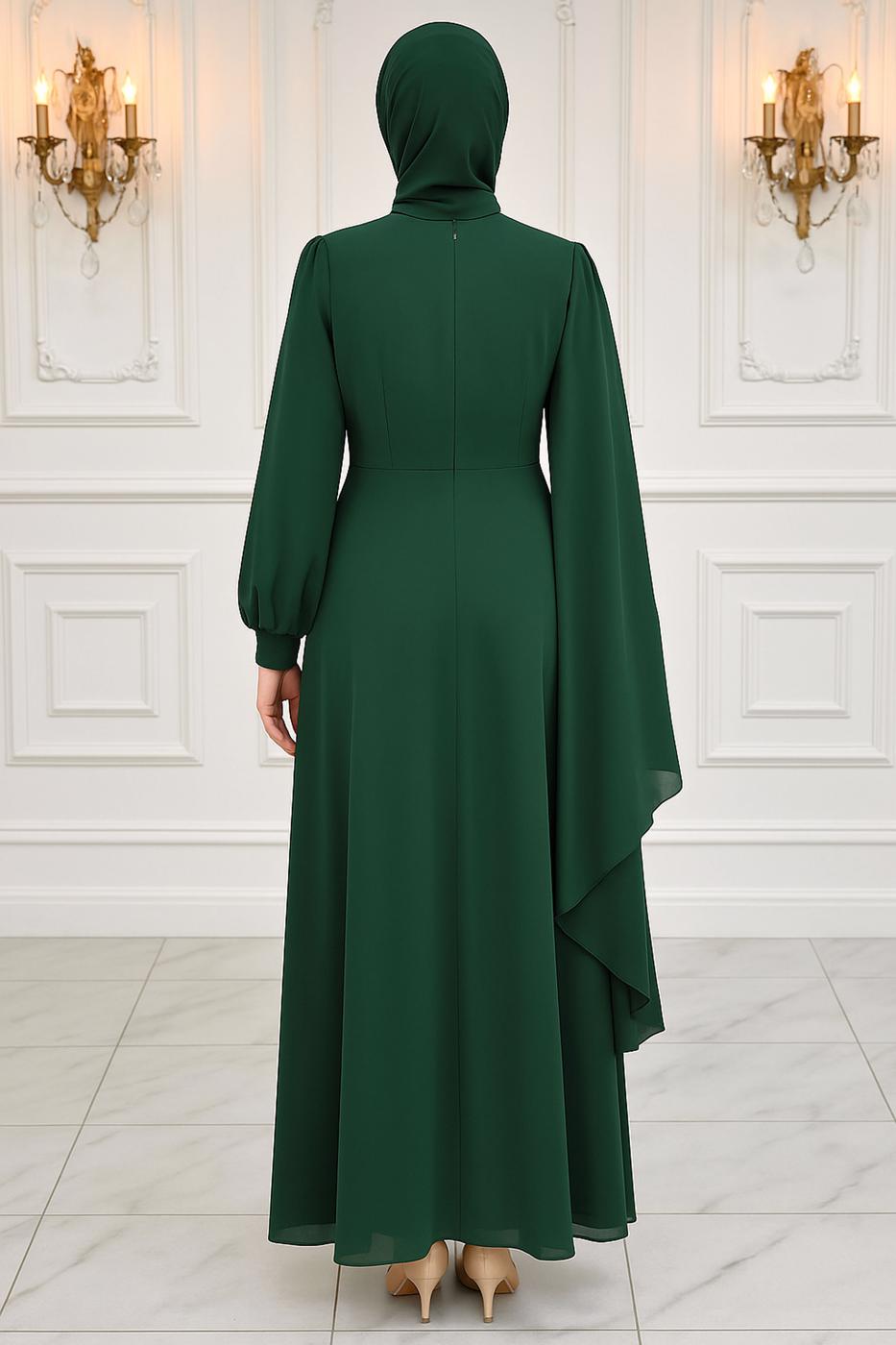 Tesettür giyim YEŞİL ŞİFON ABİYE ELBİSE T 9163