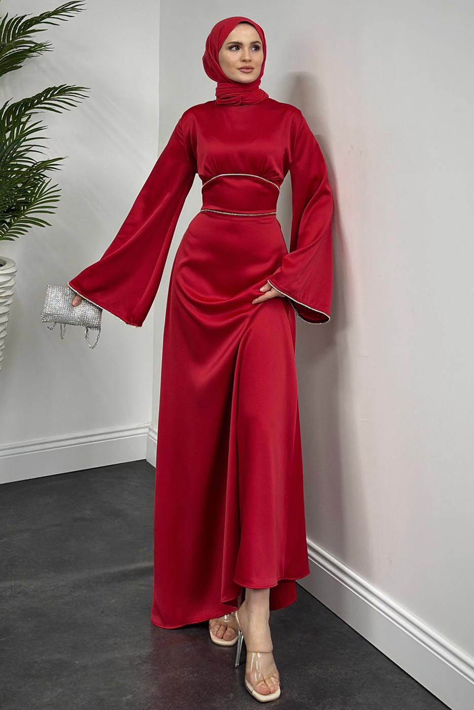 Tesettür giyim KIRMIZI SATEN ABİYE ELBİSE T 9516