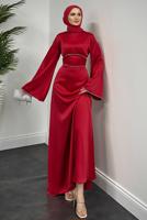 Tesettür giyim KIRMIZI SATEN ABİYE ELBİSE T 9516