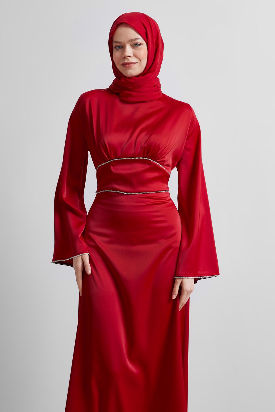 Tesettür giyim KIRMIZI SATEN ABİYE ELBİSE T 9516