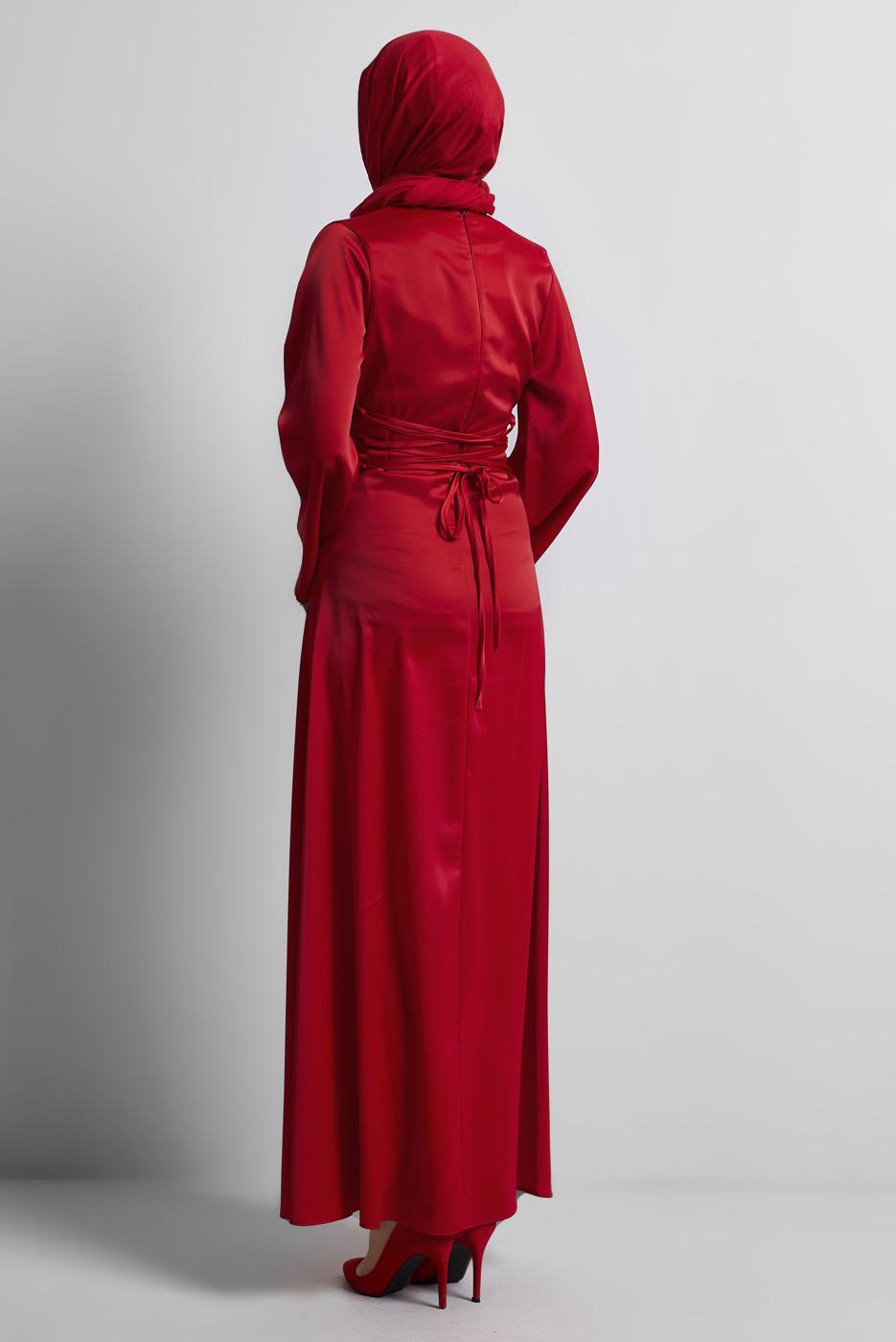 Tesettür giyim KIRMIZI SATEN ABİYE ELBİSE T 9516