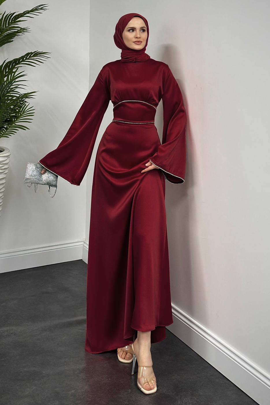 Hijab clothing CLARET RED SATIN EVENING DRESS T 9516