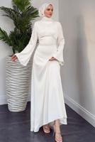 Tesettür giyim EKRU SATEN ABİYE ELBİSE T 9516