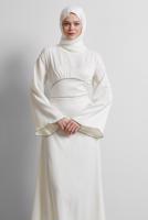 Tesettür giyim EKRU SATEN ABİYE ELBİSE T 9516