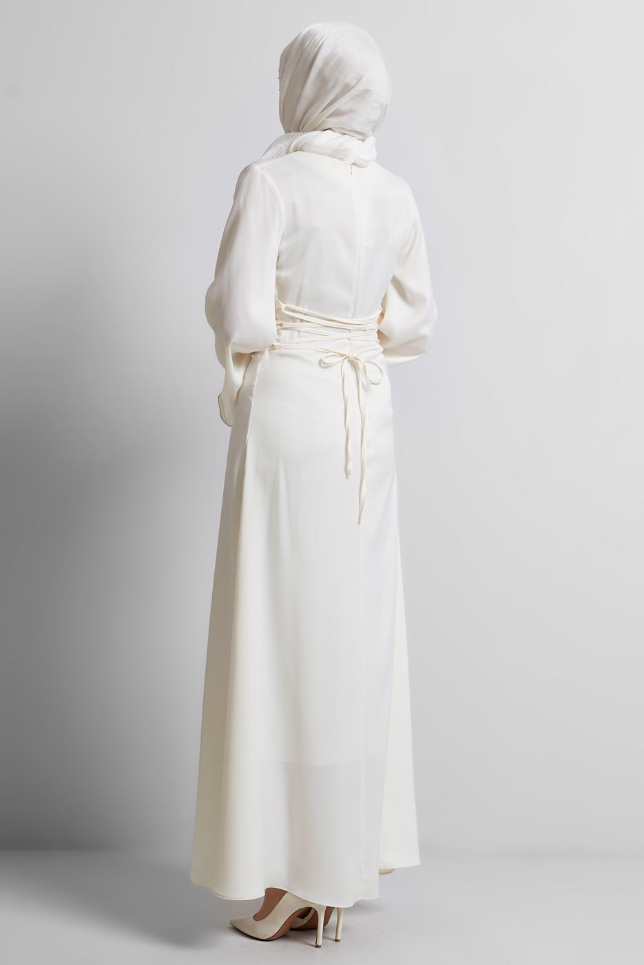 Tesettür giyim EKRU SATEN ABİYE ELBİSE T 9516