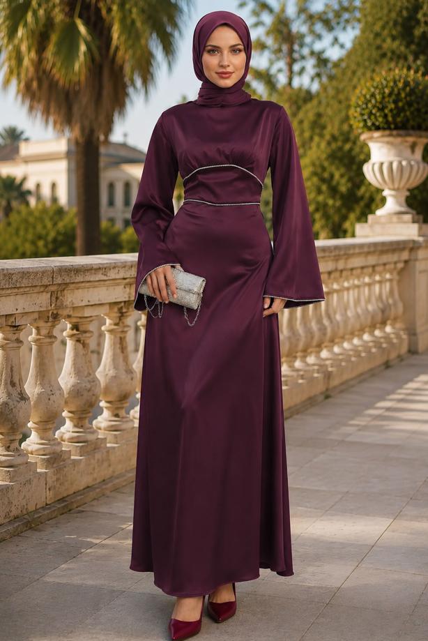 Tesettür giyim MÜRDÜM SATEN ABİYE ELBİSE T 9516 - TRENDTESETTÜR