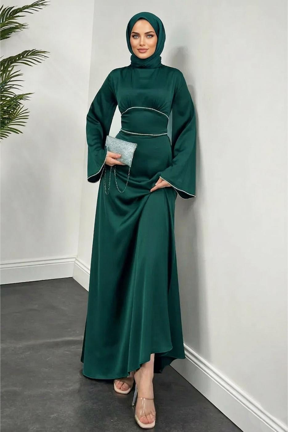 Tesettür giyim YEŞİL SATEN ABİYE ELBİSE T 9516