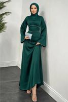 Tesettür giyim YEŞİL SATEN ABİYE ELBİSE T 9516