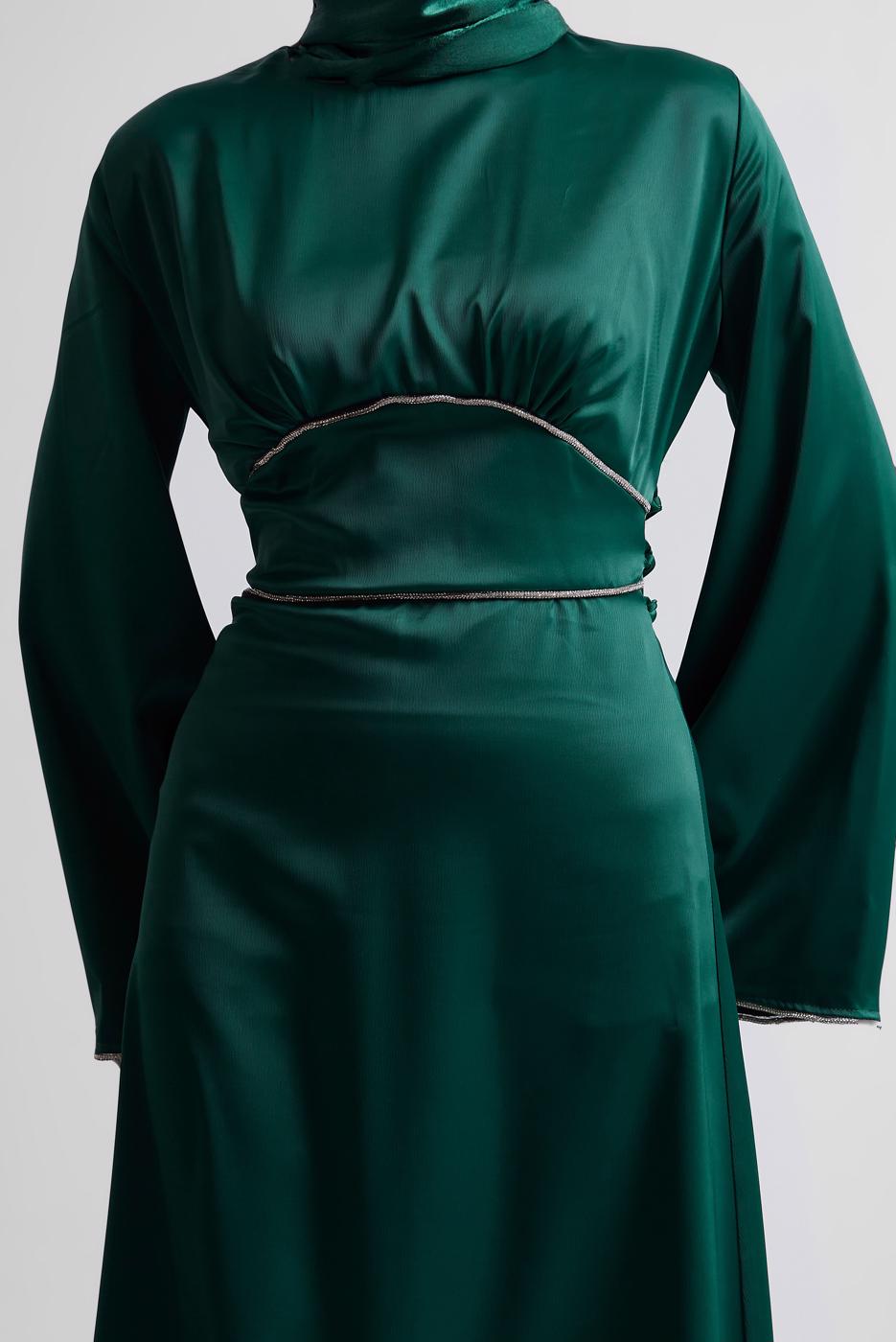 Tesettür giyim YEŞİL SATEN ABİYE ELBİSE T 9516