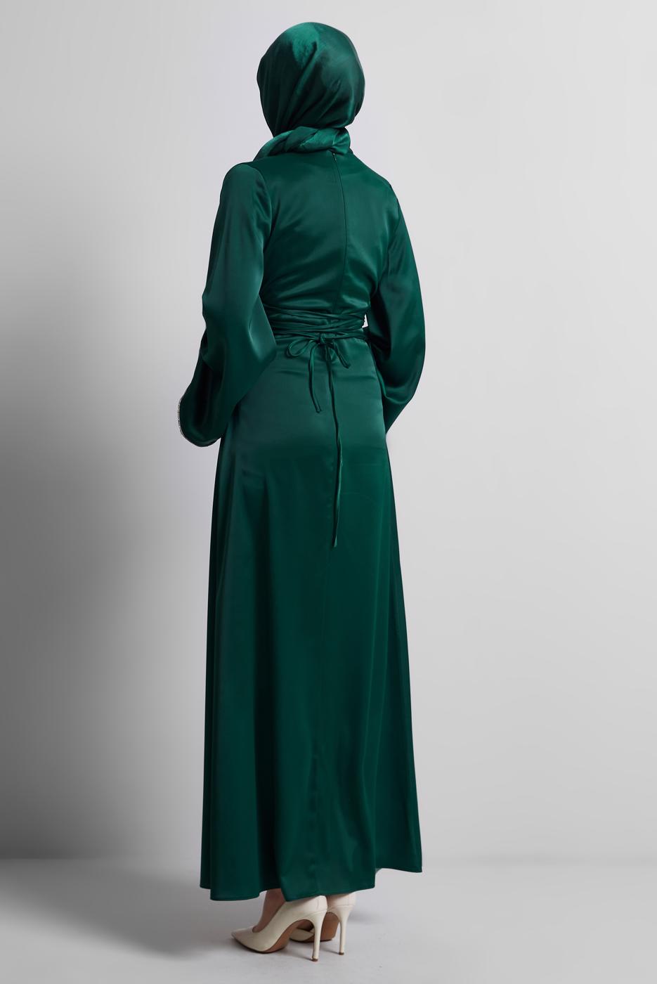 Tesettür giyim YEŞİL SATEN ABİYE ELBİSE T 9516