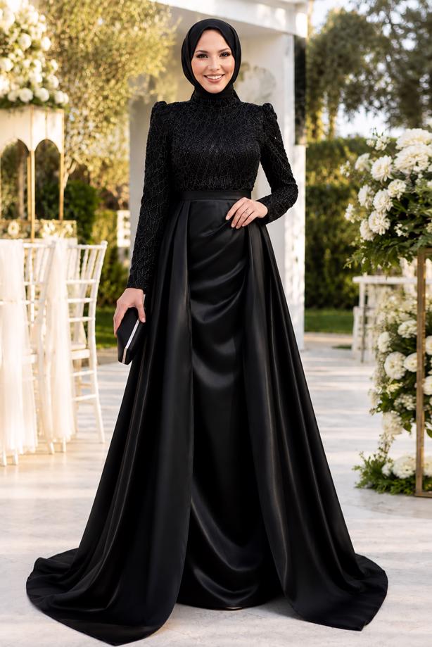 Hijab clothing BLACK SATIN EVENING DRESS T 4207 - TRENDTESETTÜR