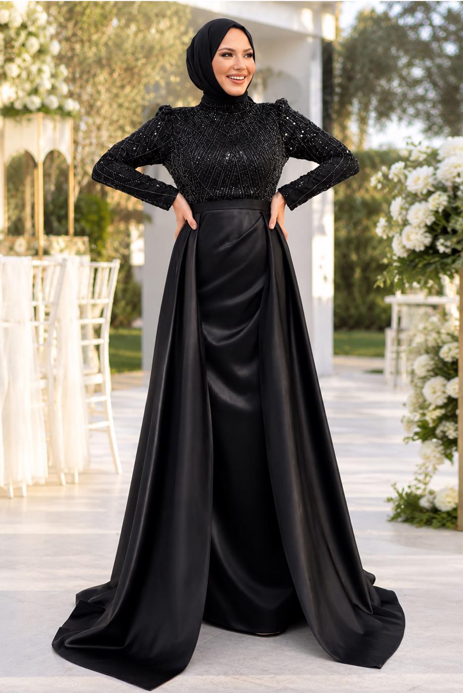 Hijab clothing BLACK SATIN EVENING DRESS T 4207