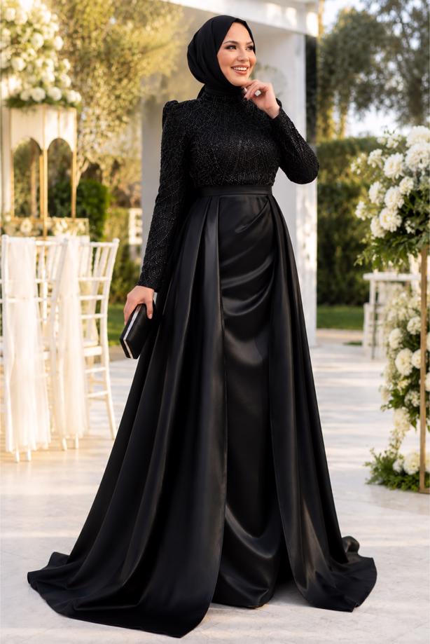Hijab clothing BLACK SATIN EVENING DRESS T 4207 - TRENDTESETTÜR