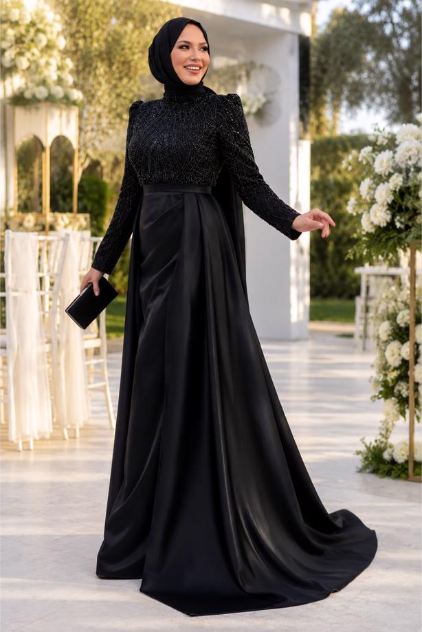 Hijab clothing BLACK SATIN EVENING DRESS T 4207 - TRENDTESETTÜR