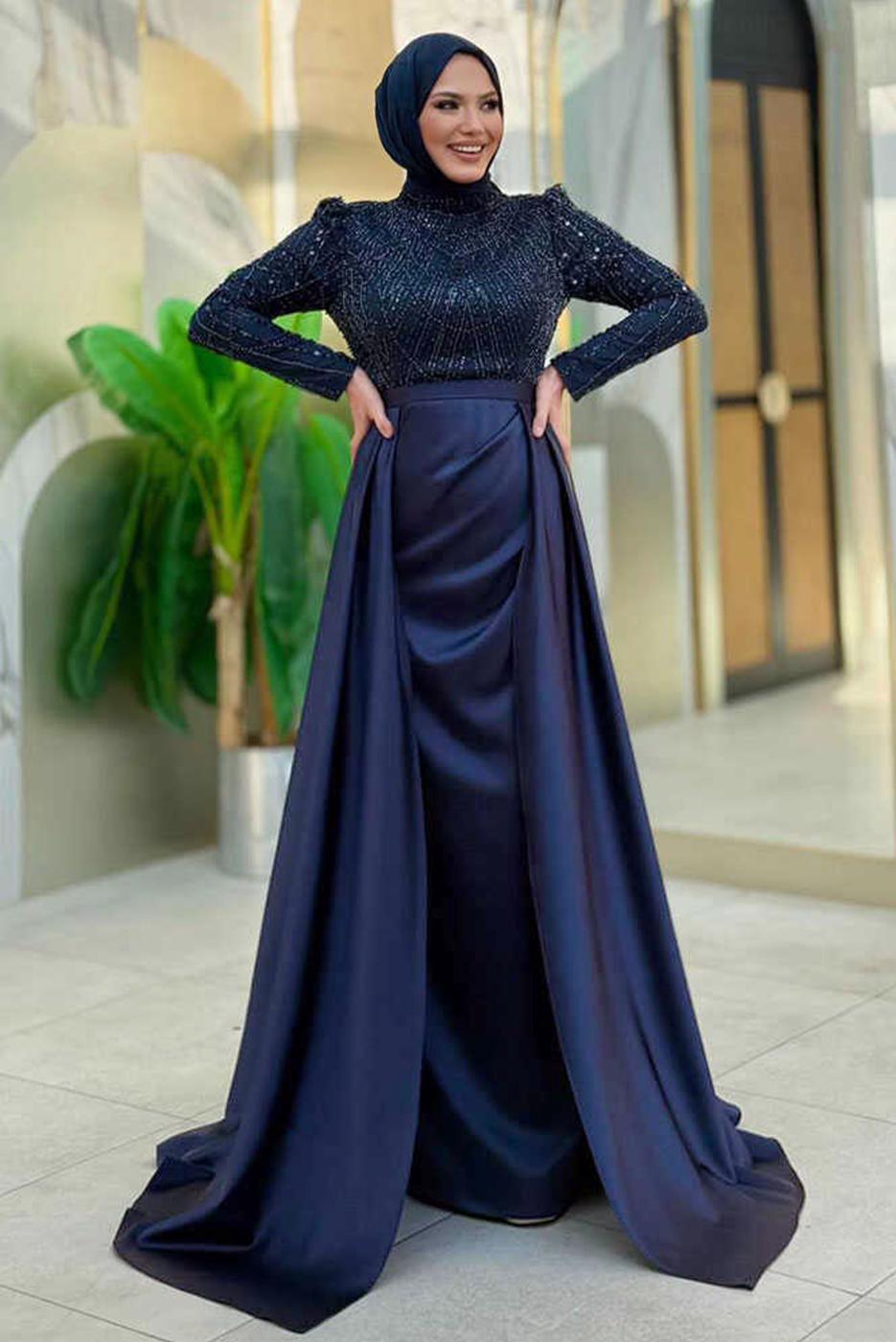 Tesettür giyim LACİVERT SATEN ABİYE ELBİSE T 4207