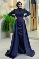 Tesettür giyim LACİVERT SATEN ABİYE ELBİSE T 4207