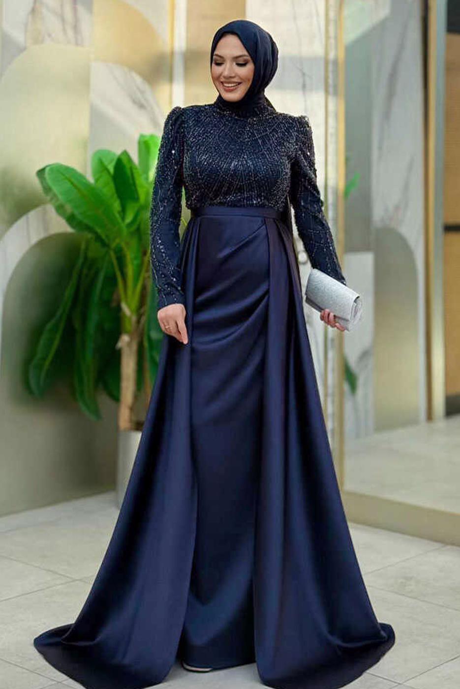 Tesettür giyim LACİVERT SATEN ABİYE ELBİSE T 4207