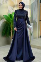 Tesettür giyim LACİVERT SATEN ABİYE ELBİSE T 4207