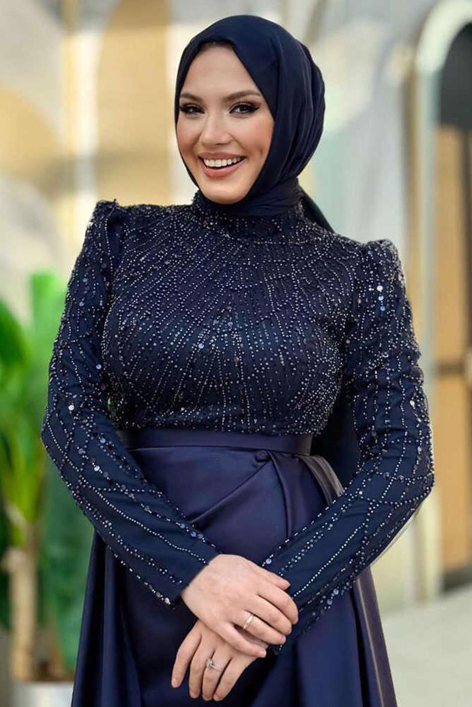 Tesettür giyim LACİVERT SATEN ABİYE ELBİSE T 4207
