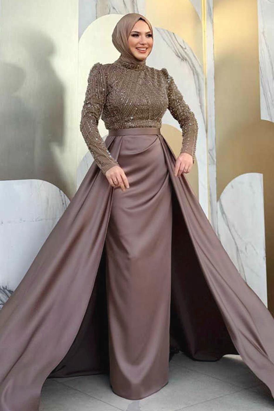 Tesettür giyim VİZON SATEN ABİYE ELBİSE T 4207
