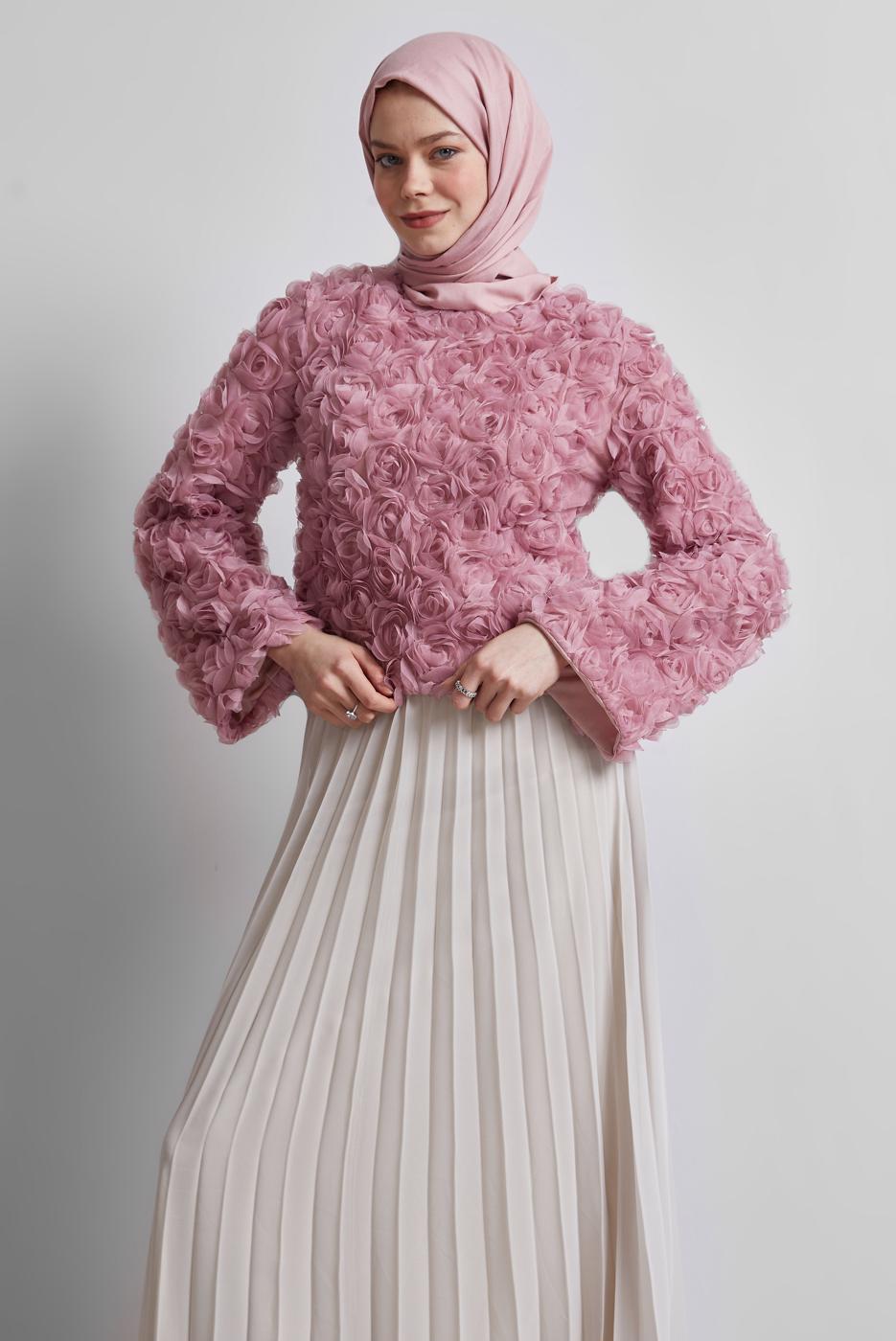 Tesettür giyim PEMBE GÜL DETAYLI BLUZ T 3916