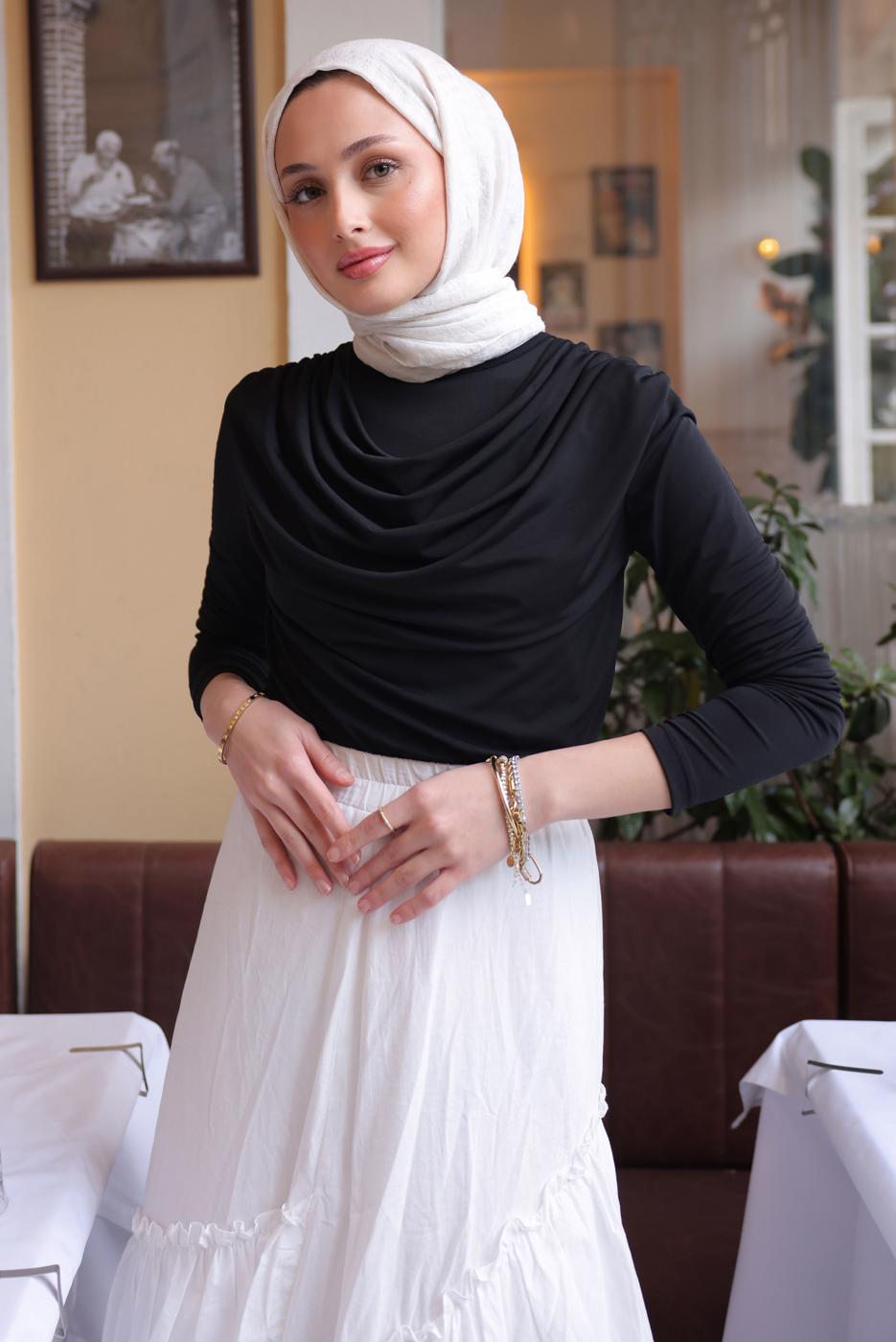 Tesettür giyim SİYAH DEGAJE YAKALI BLUZ T 4094