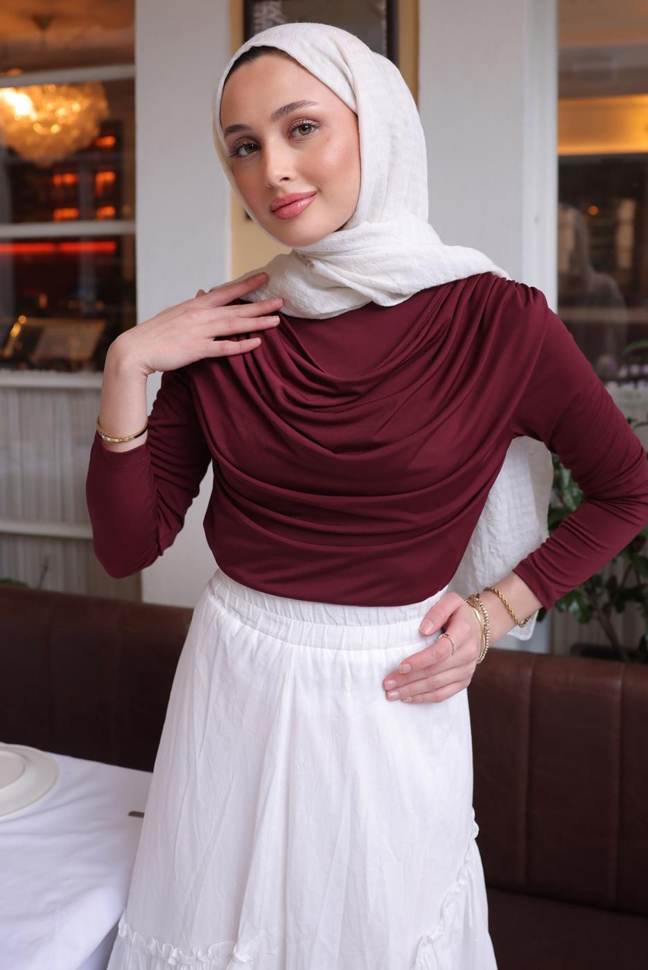 Tesettür giyim BORDO DEGAJE YAKALI BLUZ T 4094