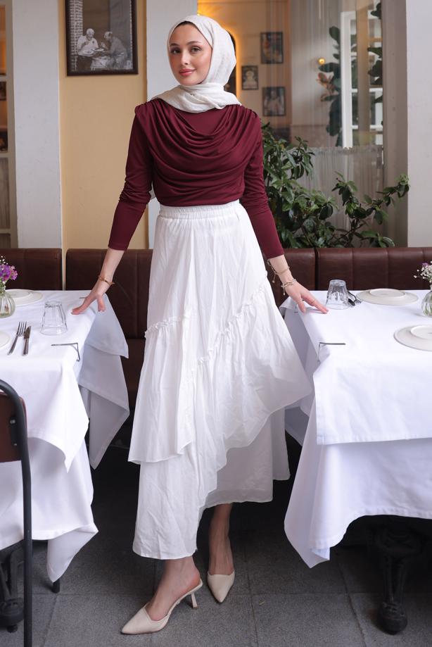 Tesettür giyim BORDO DEGAJE YAKA BLUZ T 4094 - TRENDTESETTÜR